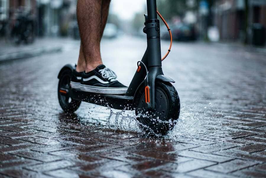 Patinete eléctrico con casco tras la entrada en vigor de la nueva normativa en Tres Cantos.