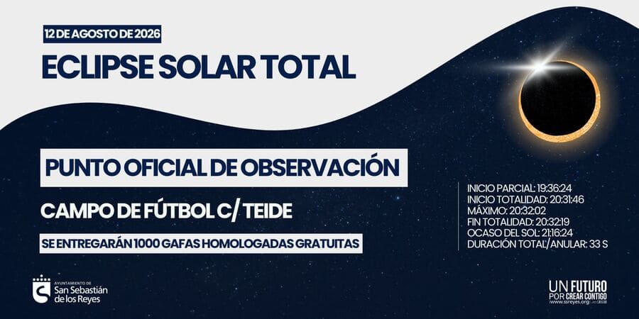 Eclipse solar total en San Sebastián de los Reyes con vecinos observando el fenómeno desde el campo de fútbol de la calle Teide.